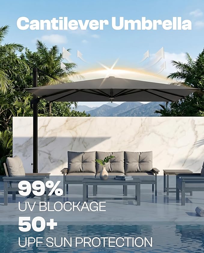 9x9 FT Square Cantilever Umbrella,Easy Tilt, Fade Resistant & 360° Rotation, Offset for Pool Deck Backyard Patiocharcoal gray (Base not Included)