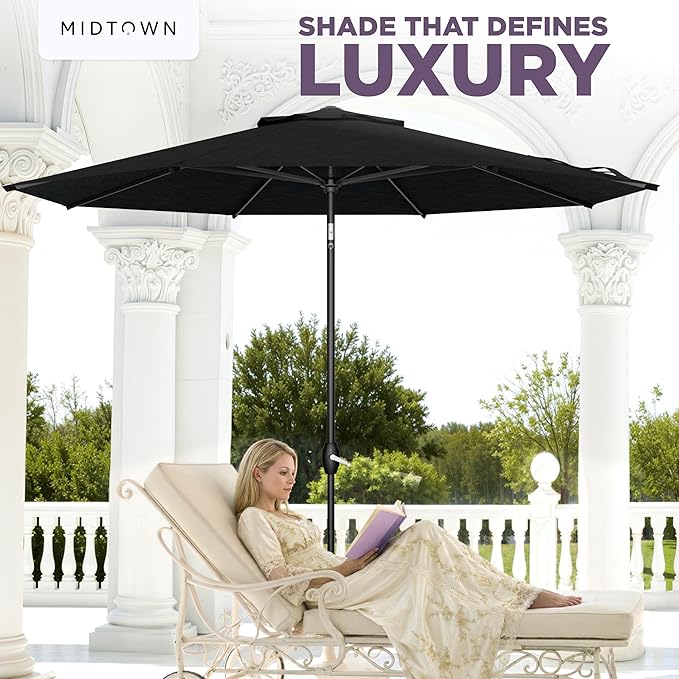 Midtown Umbrellas - The Lean 10 Ft Patio Umbrella with Fade-Resistant Sunbrella Fabric, Auto-Tilt Aluminum Frame and 8 Reinforced Ribs for Deck, Pool & Garden - Red Canopy, Black Pole
