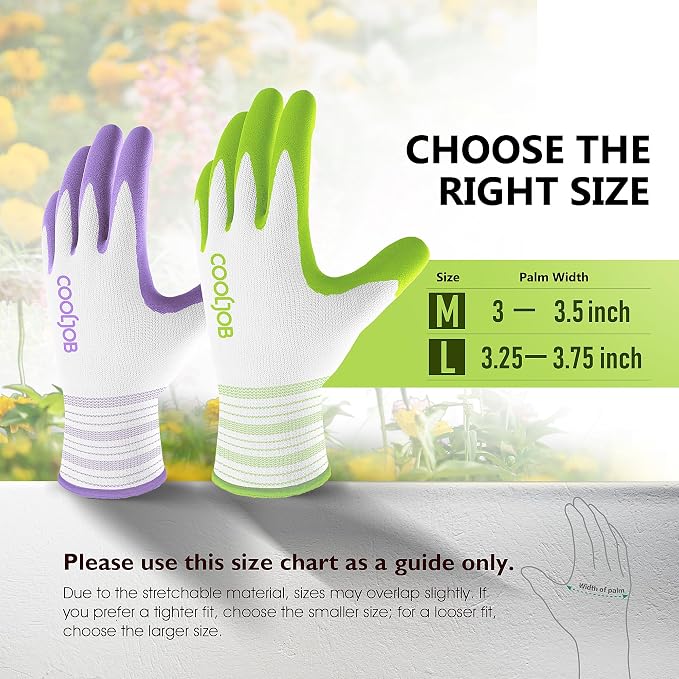 COOLJOB 10 Pairs Gardening Gloves for Women, Breathable Rubber Coated, M | Purple & Green, Textured Latex Palm, Breathable Polyester Liner, Flexible Fit, Machine Washable, Women's Garden Gloves