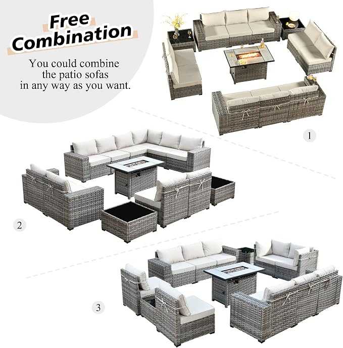HOOOWOOO Outdoor Patio Sectional Furniture Sofa Set with Propane Fire Pit Table,13 Piece Large Modern Wicker Couch with Widened Armrest,Modular L Shaped Conversation Seating Set(Beige Tan)