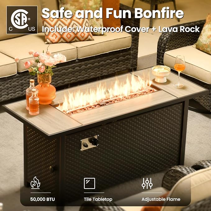 ovios 10 Pieces Patio Furniture Set, Outdoor Wicker Sofa Couch with Swivel Glider Chairs Solar Light Table Fire Pit, Modern Deep Seat Rattan Conversation Sets, Beige