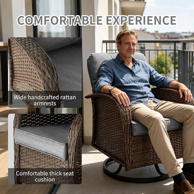 Outdoor Swivel Rocker Patio Chairs (Brown Wicker/Grey Cushion, 9PC/Sofa & Swivel & Chair &2 Table& Ottomans)