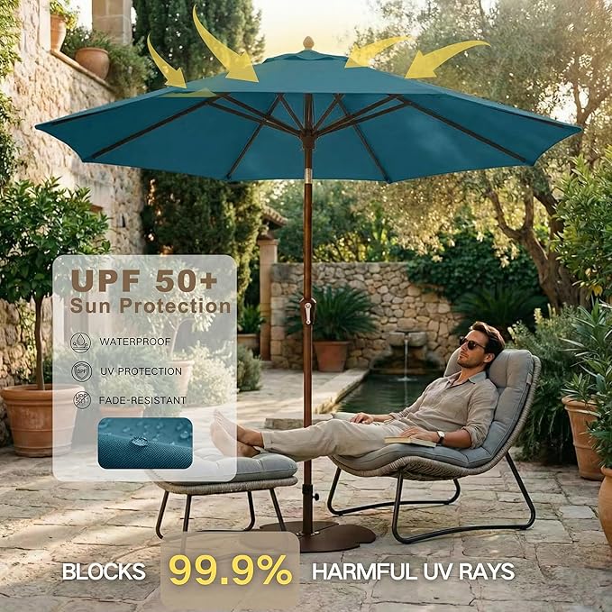 Kingdura 9FT Outdoor Patio Umbrella, Market Table Umbrella with Push Button Tilt and Crank, 8 Sturdy Fiberglass Ribs, UV Protection for Pool, Lawn, Deck, Backyard, Garden (Lake blue)