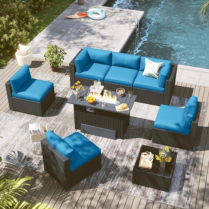 LazySunsets 8 Piece Outdoor Patio Furniture Set with 44'' Fire Pit Table, Outdoor Patio Furniture Set with Thicken Cushion, Wicker Rattan Outdoor Conversation Set for Backyard & Garden, Peacock Blue