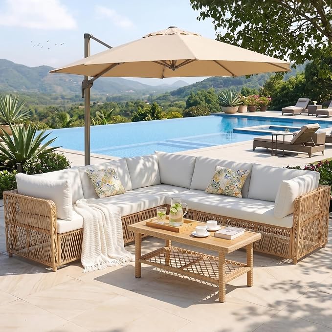 ABCASA Outdoor Patio Sectional Furniture Set with Waterproof Cover, Oversized Wicker Outdoor Furniture Set w/Water-Resistant Fabric & Thick Cushion, L Shaped Patio Conversation Set for Pool Yard,Beige