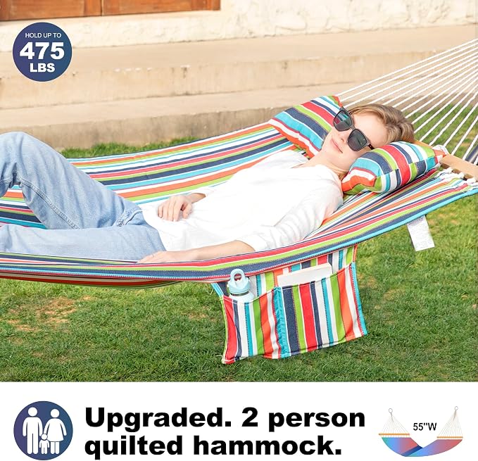 GAFETE Hammock 2 Person Quilted Fabric Hammocks for Outside, Double 12ft Hammocks with Spreader Bar, Large Removable Pillow, Storage Bag, Carabiners, Max 475 lbs Capacity (Tropical)