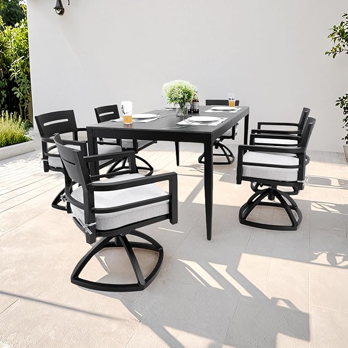 7PC Aluminum Outdoor Patio Dining Set, 71”Rectangular Black Marble Dining Table with Sintered Stone Top and 6 Cushioned Swivel Rockers, All-Weather Patio Furniture