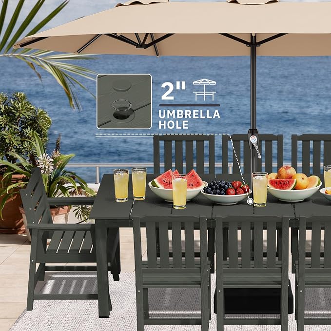 AreShark 9-Piece Outdoor Dining Set,HDPE Patio Table with 8 Chairs,All-Weather Patio Furniture Set with Umbrella Hole,Low Maintenance Wood Grain Dining Set for Backyard,Garden,Poolside,Gray