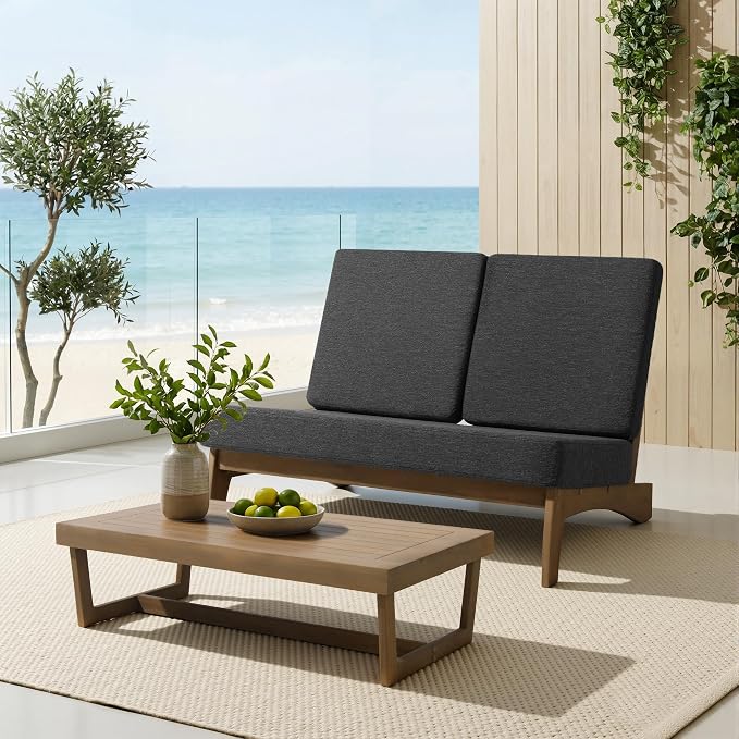 All Weather Wood Patio Furniture Sets, 3 Pieces Patio Loveseat Sofa Outdoor Sectional Futniture Backyard Conversation Set with Solid Wooden Coffee Table - Dark Gray