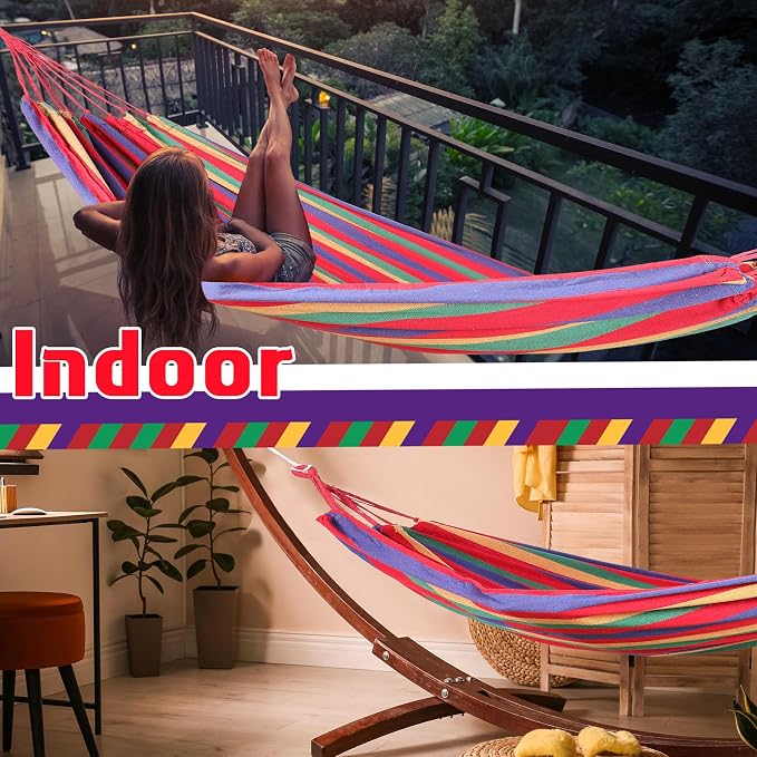 Windyun 2 Sets Cotton Canvas Hammock Large Double Hammock 400lbs Portable Camping Hammocks for Outside with Carrying Bag Sturdy Metal Knot Ropes and Tree Straps for Travel Patio Garden Backyard (Red)