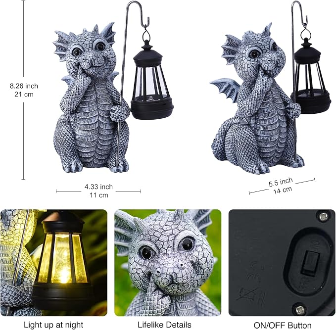 Goodeco Dragon Garden Statue Outdoor with Solar Lantern - Resin Dragon Decor for Garden, Patio, and Yard - 8.3 inches Dragon Gifts & Decorations (Dragon)