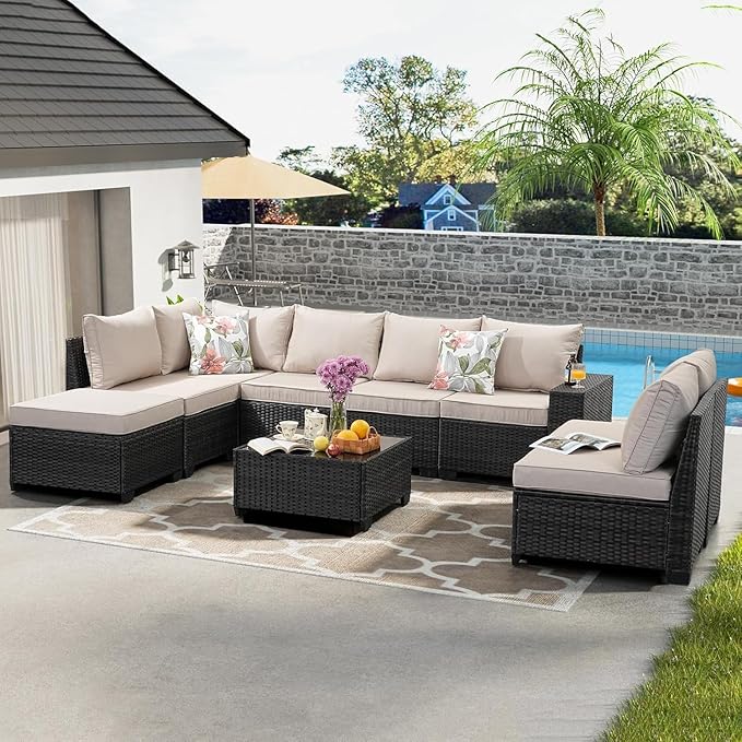 9 Pieces Outdoor Patio Furniture Set, Wicker Conversation Sets with Tea Table, Rattan Patio Sofa with Thick Cushions for Garden, Backyard Porch, Poolside,Beige