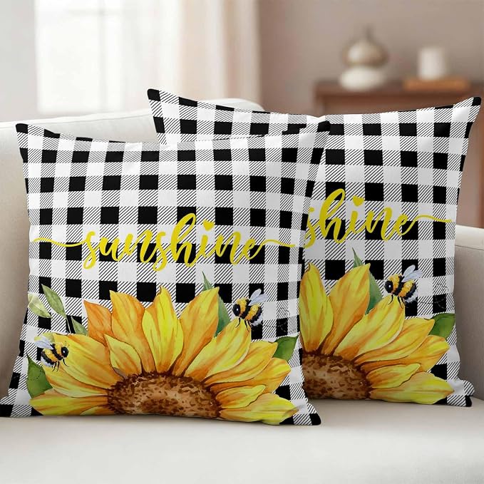 Farm Outdoor Pillow Covers Set of 2,Watercolor Sunflowers Honeybee Decorative Waterproof Throw Pillowcase Yellow Flower Black White Plaid Cotton Linen Soft Cozy Cushion Cover Pillowsham 18x18In
