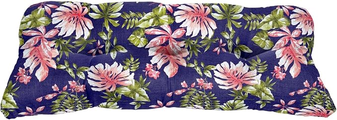 BrylaneHome Bh Performance Fabric Tufted Wicker Settee Cushion - Navy Tropical Leaves