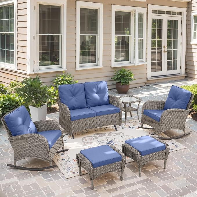 Belord 6 Pieces Wicker Patio Furniture Set with Patio Rocking Chairs, High Back Patio Conversation Set Outdoor Loveseat Glider with Ottoman and Rattan Side Table for Deck Sunroom Backyard