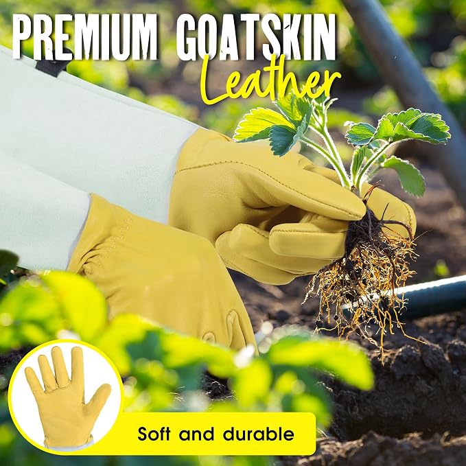 HANDLANDY Rose Pruning Gardening Gloves for Men Women, Thorn Proof Forearm Protection Leather Garden Gloves, Gardening Gifts for Gardeners (Golden Yellow, X-Large)