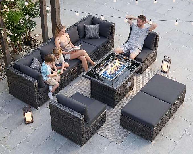 BULEXYARD 9 Pcs Highback Patio Furniture Set with Firepit, High-End Outdoor Sectional Couch with Ottoman 8-Seats, Cozy Comfy Wide Deep Deck Seating Group Conversation, Grey Rattan & Dark Gray Cushion