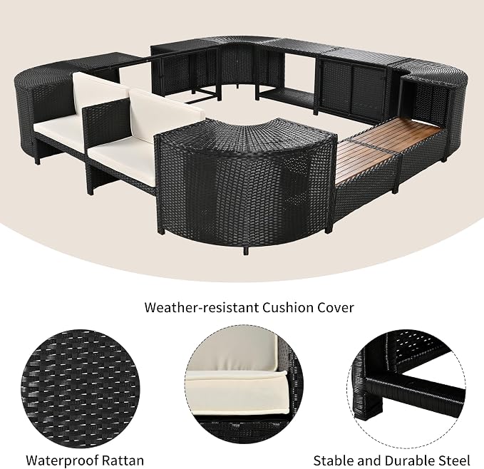LUMISOL Patio Furniture Set, Spa Surround Outdoor Rattan Sofa Set with Wooden Seats and Storage Spaces, Quadrilateral Patio Sofa Set with Spa Surround Tub Frame for Patio, Backyard, Beige
