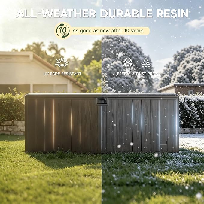 200 Gallon All-Weather Deck Box, Lockable Waterproof Resin Storage with UV Resistance for Patio Furniture, Garden Tools, Pool Accessories (Brown)