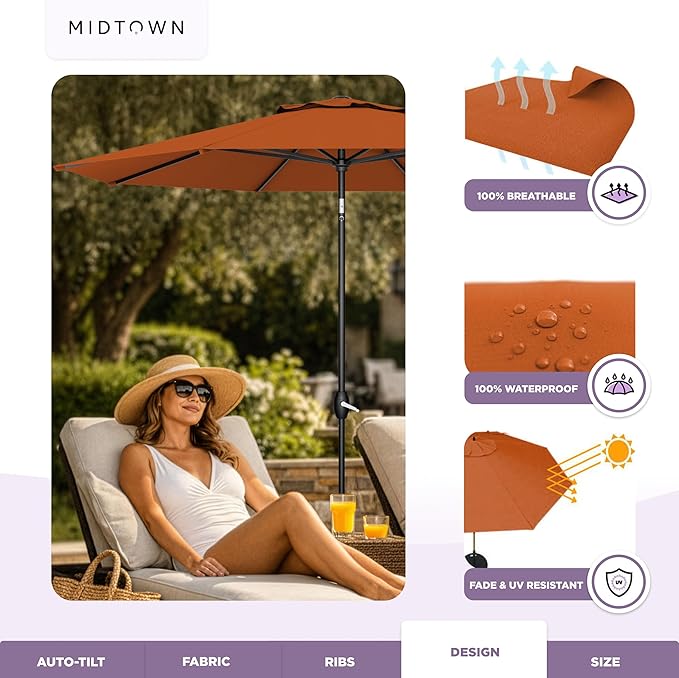 Midtown Umbrellas - The Lean 10 Ft Patio Umbrella with Fade-Resistant Sunbrella Fabric, Auto-Tilt Aluminum Frame and 8 Reinforced Ribs for Deck, Pool & Garden - Terracotta Canopy, Black Pole
