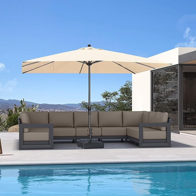 PURPLE LEAF 11.5' x 8' Patio Market Umbrella Outdoor Table Sun Umbrellas with Crank 8 Aluminum Sturdy Ribs for Pool Deck Backyard Beach Beige