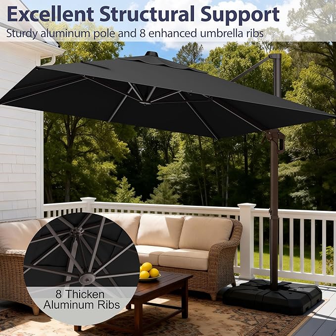 9' X 12' Cantilever Patio Umbrella Rectangle Outdoor Umbrella, 6-Level Tilt & 360° Rotation Offset Umbrella for Garden, Deck, Pool (Black)