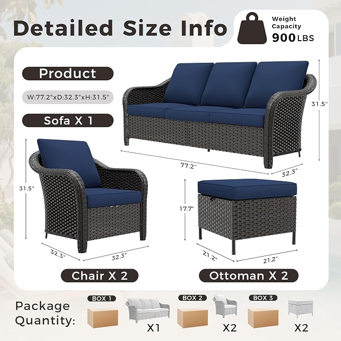 5 PCS Outdoor Conversation Set | 78" Couch, 2 Chairs, 2 Ottomans, Patio Wicker Conversation Furniture with Removable Cushions for Bistro, Deck, Sunroom (Navy Blue)