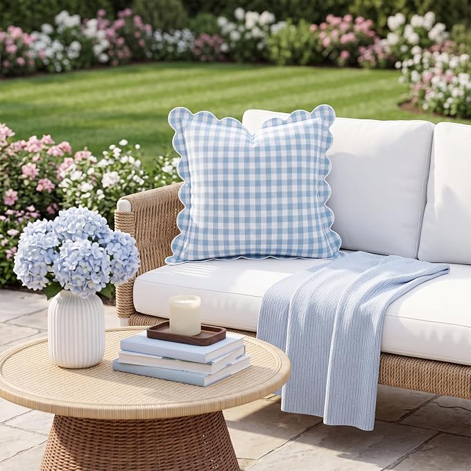 Gingham Scalloped Throw Pillow Cover 20"x20",Blue