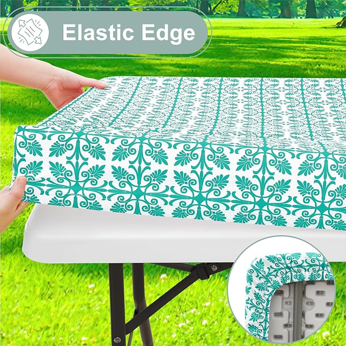 misaya Picnic Table Cover with Bench Cover, Waterproof Elastic Fitted Tablecloth for 5 Foot Tables, Rectangle Washable Polyester Tablecloths for Picnic, Camping, Outdoor (Teal, 30" x 60")