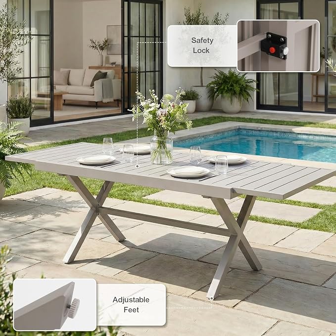 SUNSITT 7 Piece Outdoor Patio Dining Set, 65" - 107" Metal Expandable Outdoor Dining Table with X-Shape Legs, 6 Woven Wicker Outdoor Patio Chairs w/Curved Armrest for Garden, Beige