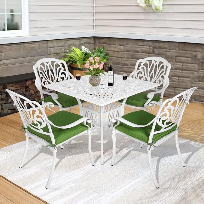 MEETWARM 5-Piece Outdoor Patio Dining Set, All-Weather Cast Aluminum Patio Conversation Set for Backyard Garden Deck with 4 Chairs, 4 Cushions and 35.4" Square Table, White