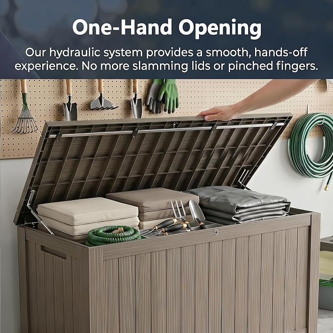 178 Gallon Resin Deck Box with Gas Lift Support – Outdoor Storage for Patio Furniture, Garden Tools & BBQ Accessories – Weatherproof Wood Grain Design with 660 Lbs Bench Seat (Lockable Lid)