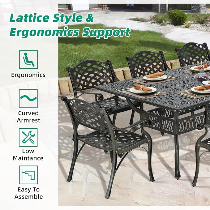 VIVIJASON 9-Piece Outdoor Dining Set for 8, All Weather Cast Aluminum Retro Patio Furniture Table and Chairs Set, Include 94.5" Rectangular Table and 8 Chairs with Umbrella Hole, Dark Bronze