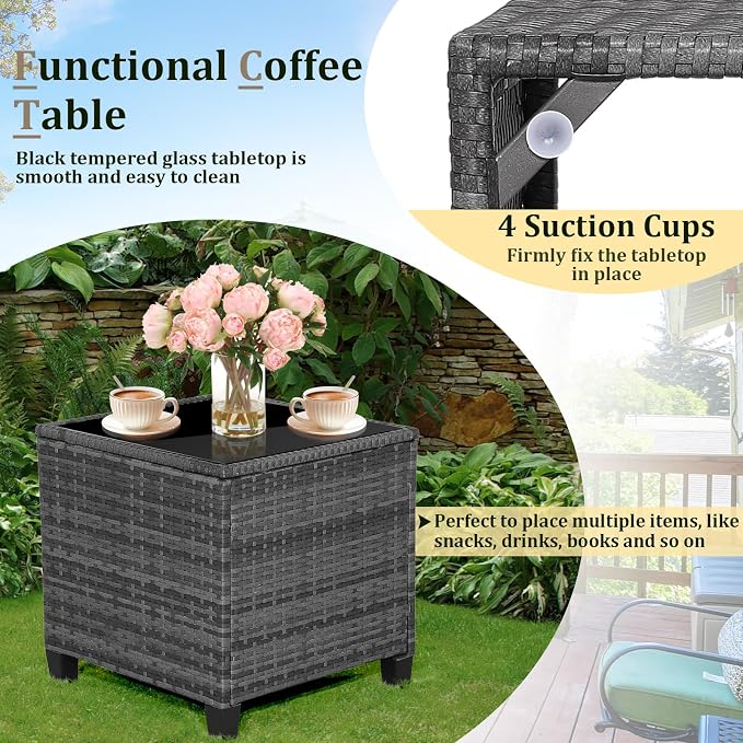 HAPPYGRILL 3 Pieces Patio Conversation Set PE Rattan Outdoor Furniture Sofa Set with Removable Cushion, PE Wicker Chairs with Tempered Glass Side Table for Porch Lawn Garden Balcony Backyard