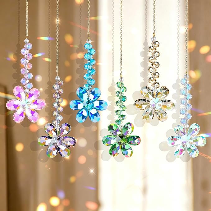 6pcs Crystal Flower Suncatchers Hanging Ornaments, Rainbow Maker Sun Catchers Indoor Window Outdoor Patio Garden Decor Gifts