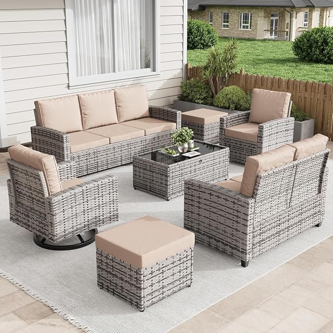 7-Piece Outdoor Patio Furniture Set with Wicker Rattan Sectional Sofa, Swivel Chairs, Ottomans, Coffee Table and Comfy Cushions, All-Weather Conversation Set for Balcony, Deck, Garden, Backyard Lounge
