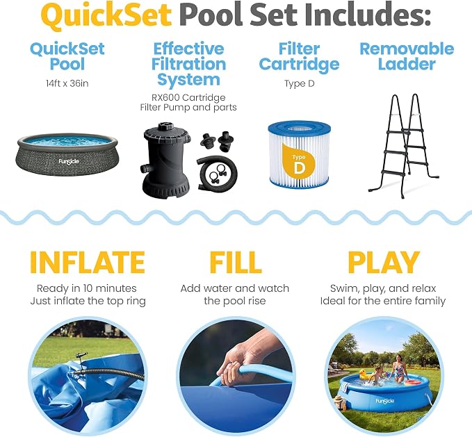Funsicle Quickset Designer 14' x 36" Round Above Ground Swimming Pool, with FiltraBoost 800 GPH Filter Pump, Ladder, Type D Filter Cartridge & Repair Patch, Dark Herringbone
