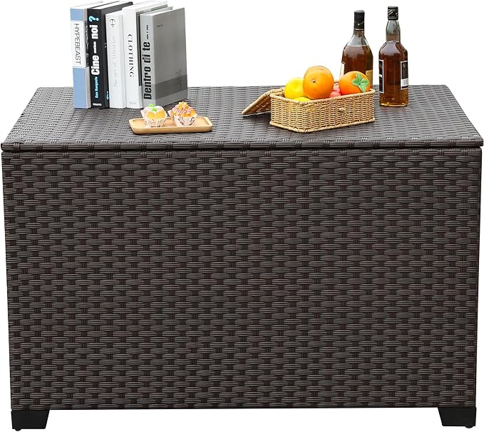 Rattaner Wicker Outdoor Storage Box 140 Gallon Patio Storage Bin with Waterproof Lining Bag Large Deck Box and Cushion Storage Bin Outdoor, Brown Wicker