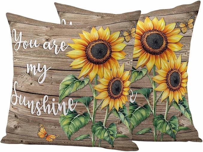 Sunflower Outdoor Waterproof Throw Pillow Covers Set of 2, 16"x16", You are My Sun Shine Vintage Brown Wood Board Decorative Pillow Covers Outside Cushion Case for Patio Porch Garden