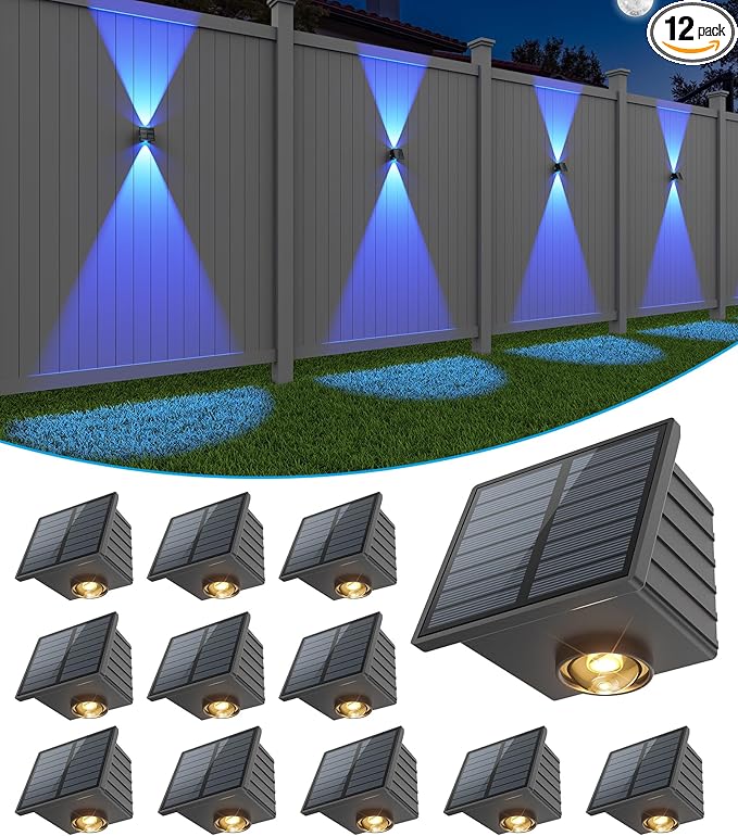 VOLISUN Solar Fence Lights 12 Pack, Color Glow LED Up and Down Wall Lamp, IP65 Waterproof Solar Lights Outdoor for Patio, Backyard, Railing, Deck, Fence and Wall（2 Lenses）