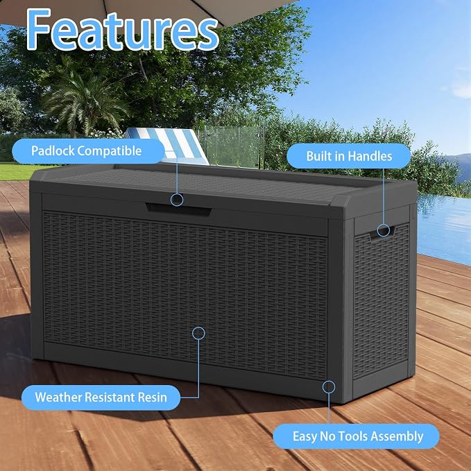 AmaVins Outdoor Storage Box, 60 Gallon Deck Box Indoor and Outdoor Use, Waterproof Resin Storage Bin for Package Delivery, Patio Cushions, Gardening Tools, Lockable, UV Resistant, Black