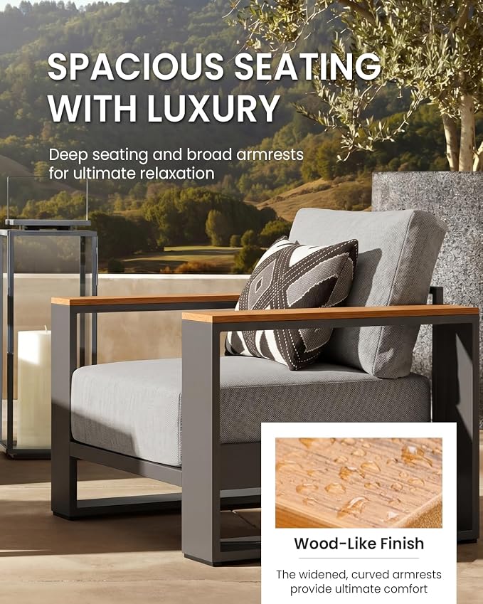 Oversized Aluminum Patio Furniture, 1 Piece Luxury Outdoor Furniture with 7.1" Extra Thick Cushion, Modern Outdoor Sectional Loveseat for Porch, Garden and Deck, Gray