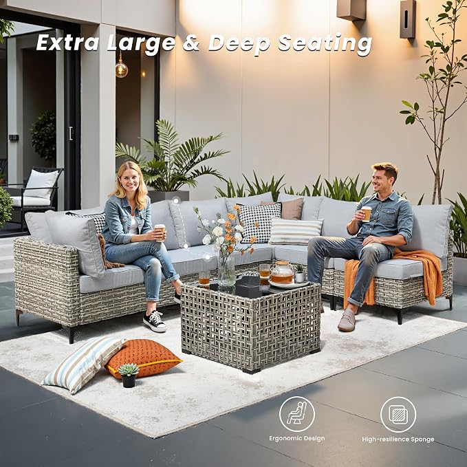 Outdoor Patio Furniture Sets,5 PCS Patio Conversation Set Outside Rattan Sectional Sofa with Coffee Table Fit Backyard Porch Garden Poolside Balcony