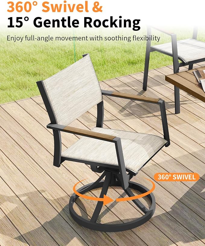 Expandable Outdoor Dining Set for 8, Never-Rust Aluminum Patio Swivel Dining Set, 38"-77" Extendable Outdoor Dining Table and 6 Double-Layer Textilene Stackable Patio Chairs for Porch, Teak