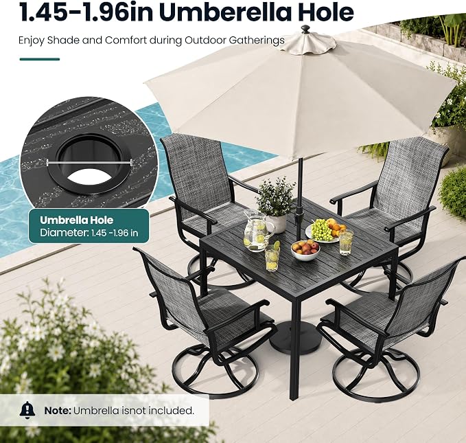 Pamapic 5-Piece Outdoor Dining Set, All Weather Patio Table and Chairs Set with Umbrella Hole, Wood-Like Metal Table and 4 360° Swivel Textilene Chairs for Backyard, Poolside, Deck, Porch, Grey