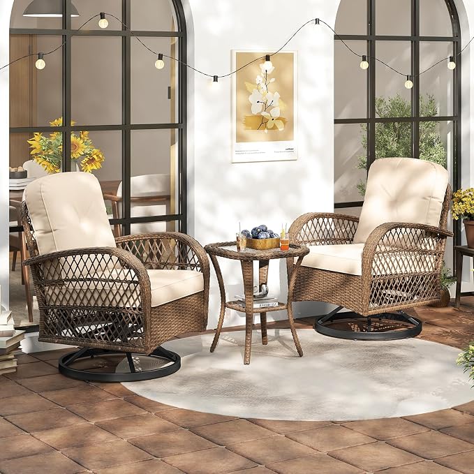HAPPYGRILL 3 Pieces Outdoor Rattan Swivel Rocker Chairs Set with Tempered Glass Side Table, Outside Sectional Patio Conversation Furniture Set with Swivel Rocking Chairs for Deck Porch Garden (Beige)