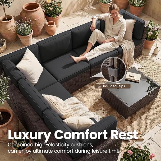 10 Pieces Patio Furniture Set with 44" Propane Gas Fire Pit Table, Outdoor Sectional Brown Rattan Wicker Conversation Sofa Sets with Coffee Table