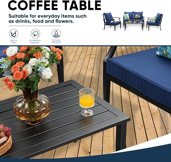 4 Piece Outdoor Patio Furniture Set, Oversized Metal Conversation Set with High Back & Deep Seating, Water-Repellent Cushions, Coffee Table for Porch, Deck, Backyard, Navy