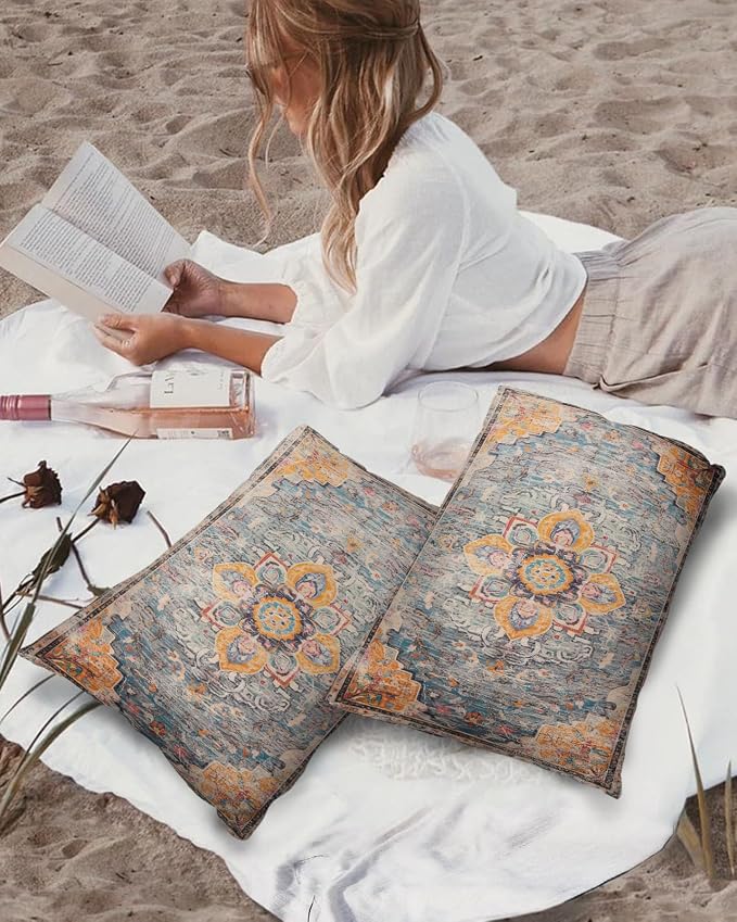 Prime Leader Outdoor Waterproof Pillow Covers Set of 2, Geometric Abstract Carpet Flowers Pattern Yellow Patio Throw Pillow Covers, Decorative Cushion Case for Couch Sofa Furniture Garden, 20x12 Inch