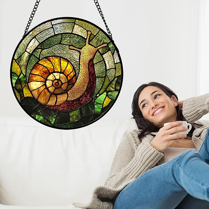 Stained Glass Window Hanging, Green Orange Snail Sun Catcher for Door Home Decor Suncatcher Christmas Mother's Day Birthday Gifts for Women Men Mom and Nana 15 in